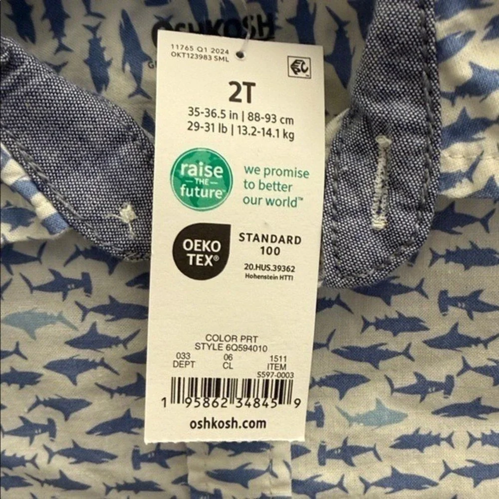 OshKosh Bgosh Boys 2T Shark Print Short Sleeve Button Down Shirt White‎ Blue New